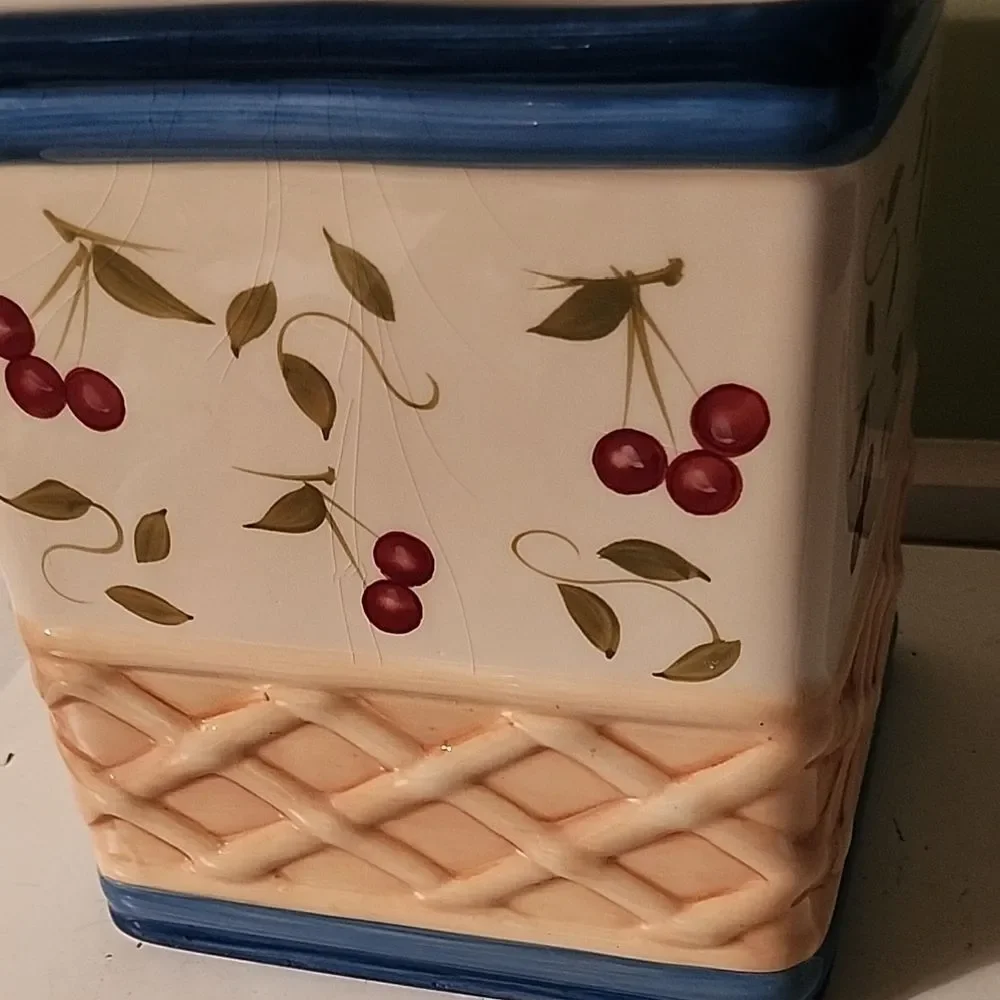 Cherry Pattern Ceramic Canister with Blue Accents